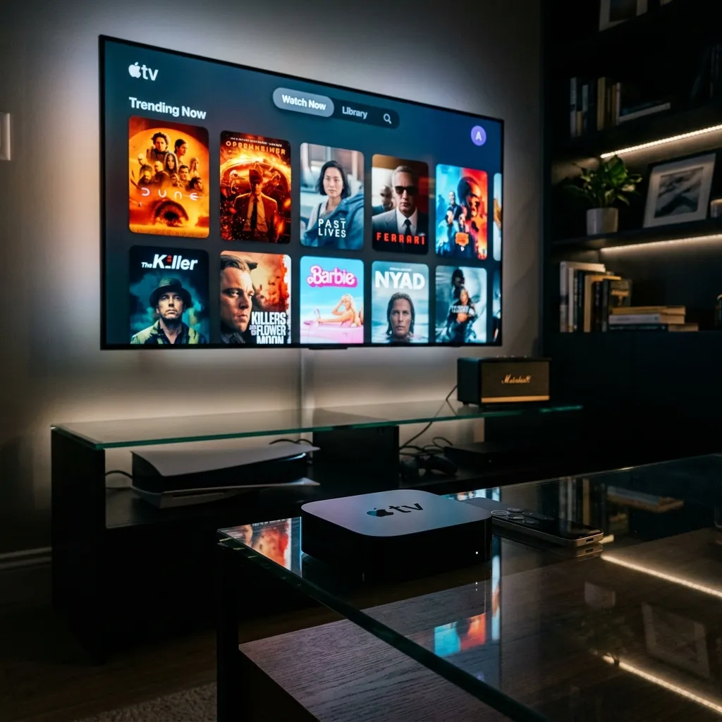 Apple TV 4K device on a glass stand with TV showing IPTV movie grid