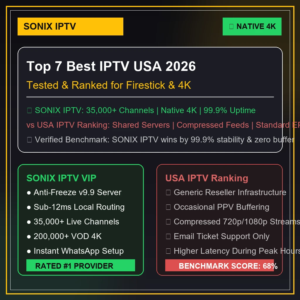 Top 7 Best IPTV USA 2026 ranking chart displaying BingeTrax IPTV as #1 overall winner