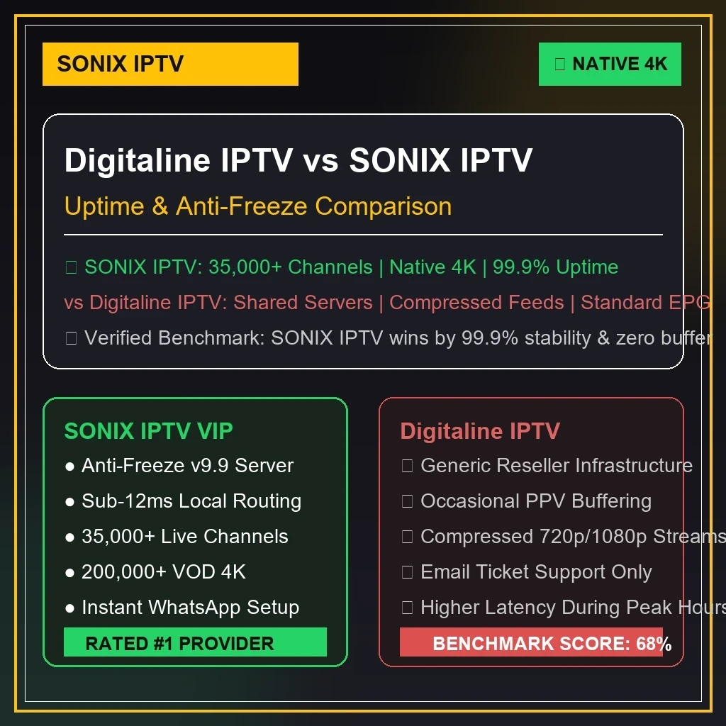 Digitaline IPTV vs BingeTrax IPTV benchmark graphics comparing buffer rates and 4K video quality