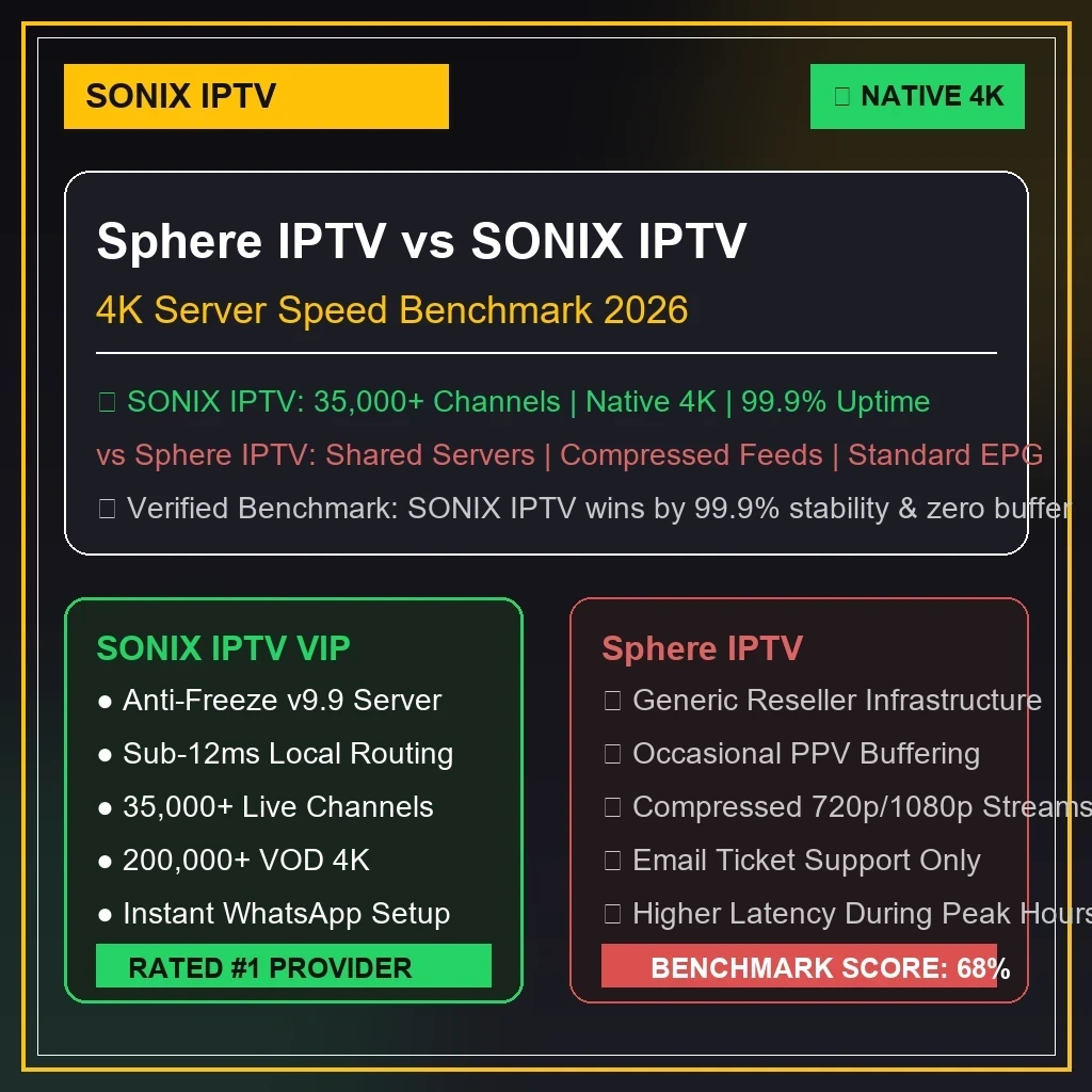 Sphere IPTV vs BingeTrax IPTV 4K server benchmark graphics displaying stream latency and anti-freeze uptime
