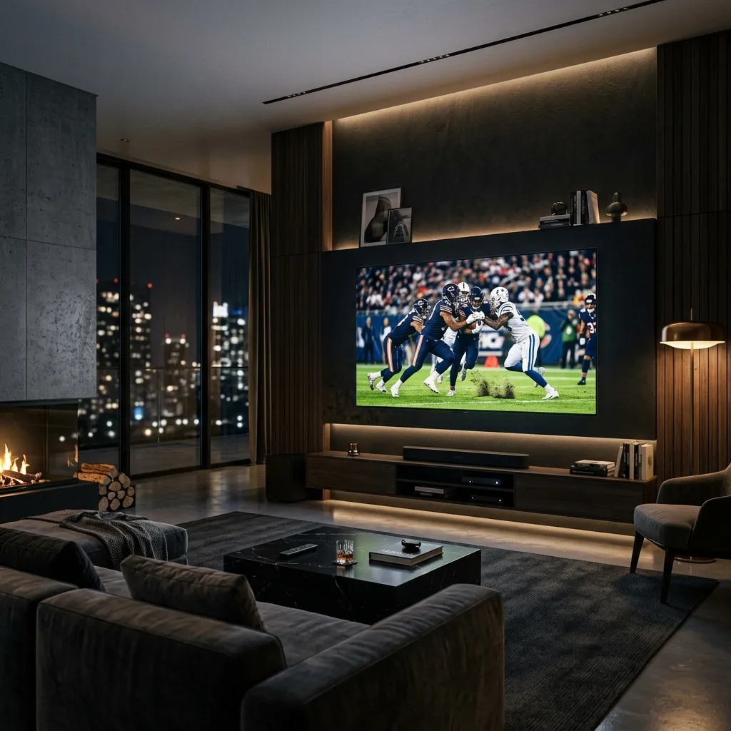 Modern luxury living room with a 4K OLED TV displaying live American football in 4K resolution